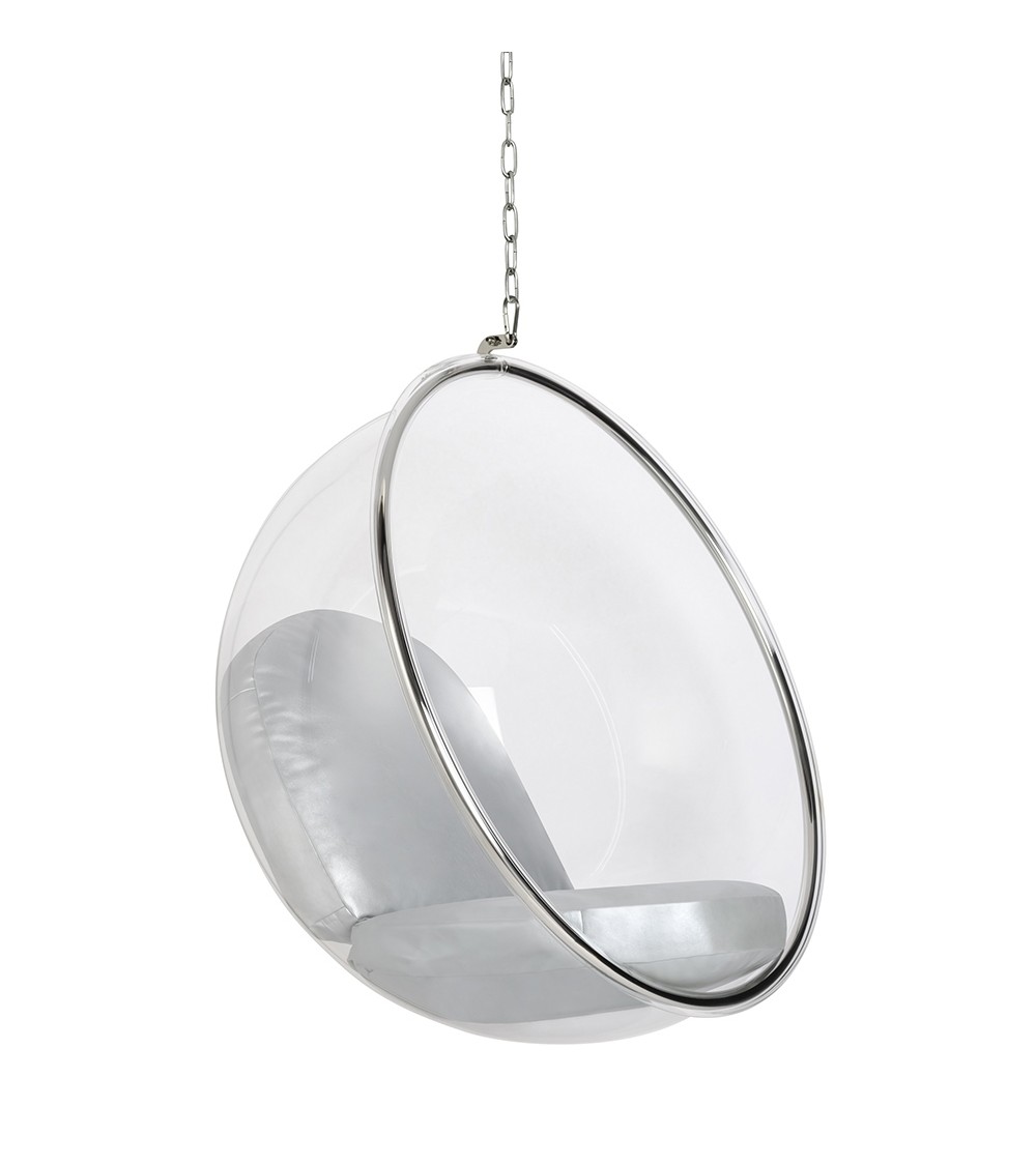 Fotel wiszący BUBBLE poduszka srebrna - korpus akryl, poduszka ekoskóra