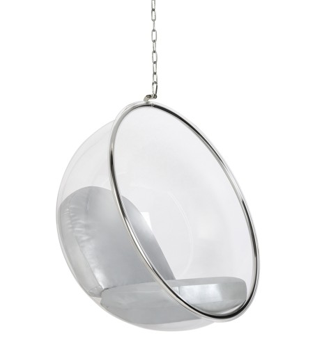 Fotel wiszący BUBBLE poduszka srebrna - korpus akryl, poduszka ekoskóra