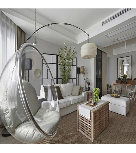 Fotel wiszący BUBBLE poduszka srebrna - korpus akryl, poduszka ekoskóra