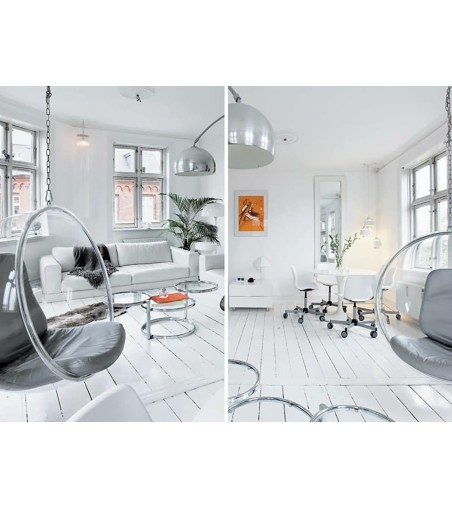 Fotel wiszący BUBBLE poduszka srebrna - korpus akryl, poduszka ekoskóra