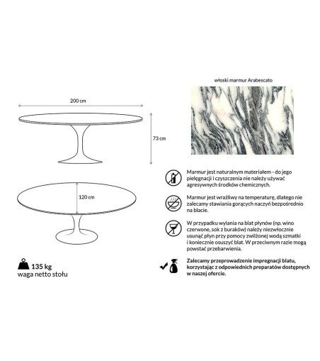 Stół TULIP ELLIPSE MARBLE ARABESCATO  - biały - blat owalny marmurowy, metal