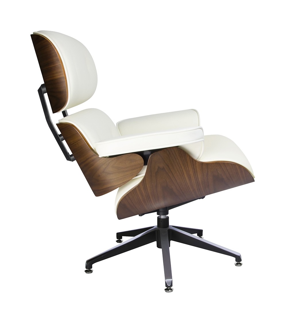 Fotel LOUNGE biały, sklejka orzech - skóra naturalna