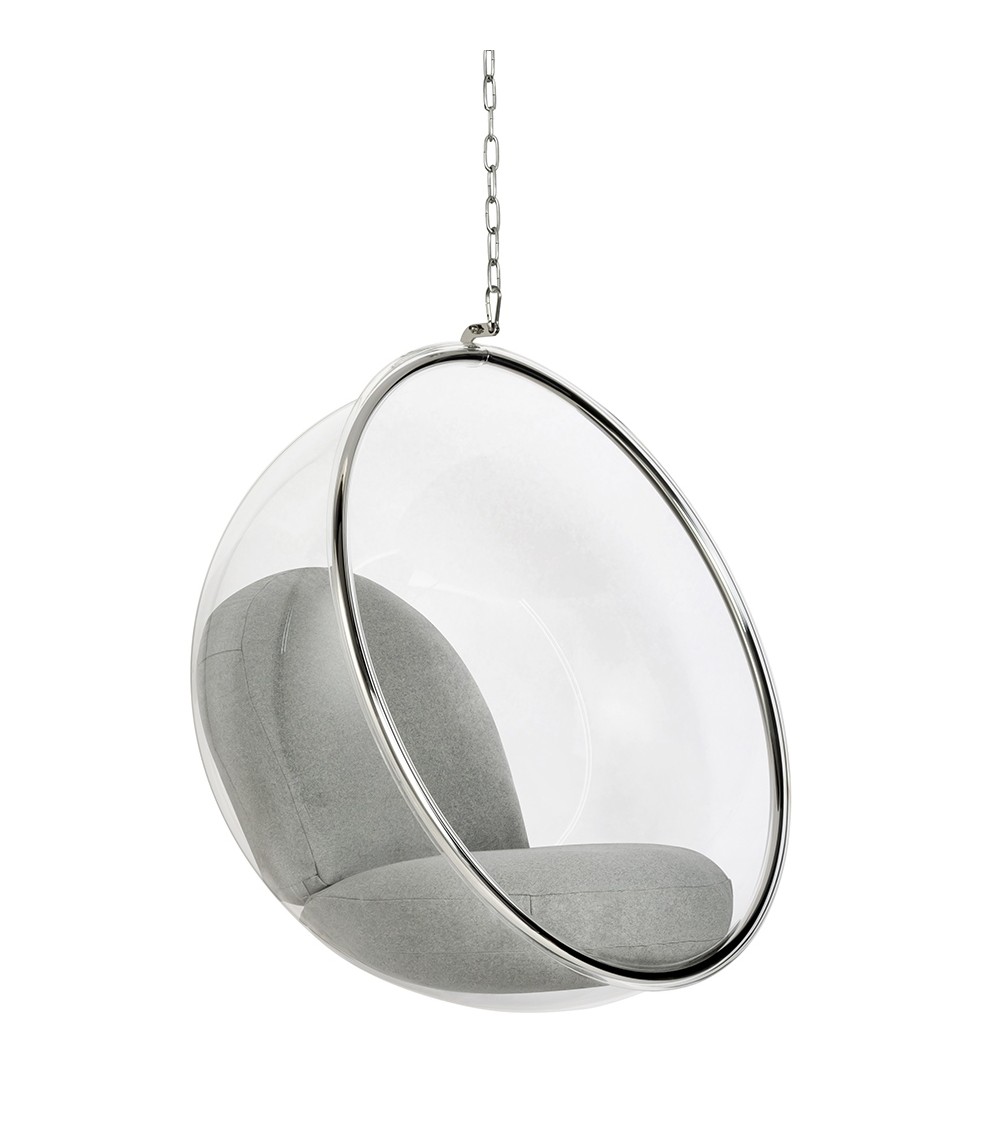 Fotel wiszący BUBBLE poduszka jasnoszara - korpus akryl, poduszka wełna