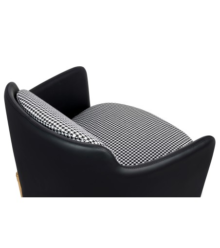 Fotel VENICE tkanina pepitka biało - czarna ekoskóra czarna - złota podstawa