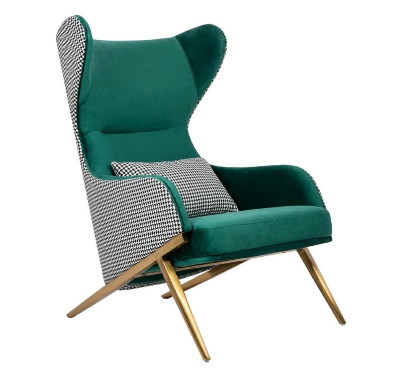 Fotel HAMPTON VELVET ciemny zielony tkanina pepitka biało - czarna