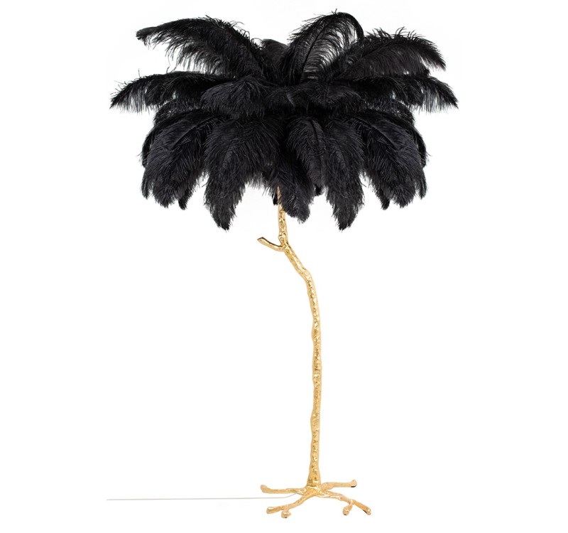 Lampa podłogowa TIFFANY 175 czarna  mosiądz / naturalne pióra