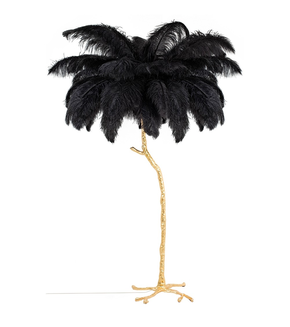 Lampa podłogowa TIFFANY 175 czarna  mosiądz / naturalne pióra