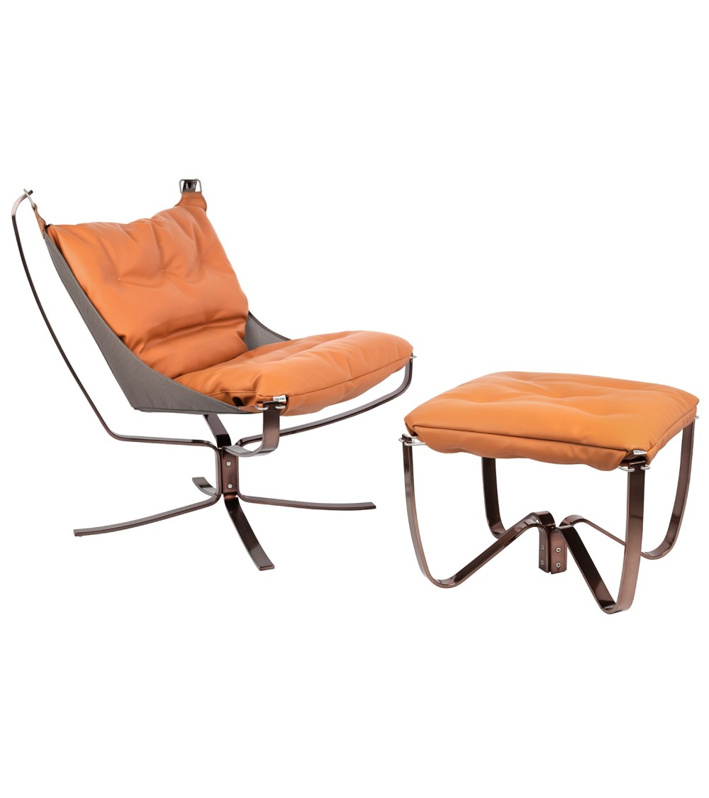 Fotel ARNI LOW z podnóżkiem - pomarańczowa ekoskóra, podstawa ciemna miedziana