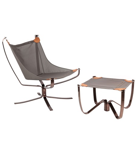 Fotel ARNI LOW z podnóżkiem - pomarańczowa ekoskóra, podstawa ciemna miedziana