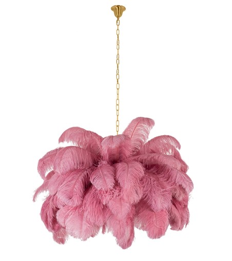 Lampa wisząca TIFFANY 135 różowa mosiądz / naturalne pióra