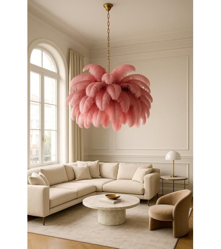 Lampa wisząca TIFFANY 135 różowa mosiądz / naturalne pióra