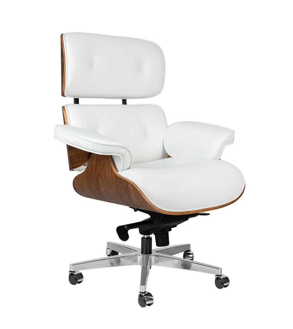 Fotel biurowy LOUNGE GUBERNATOR biały - sklejka orzech, skóra naturalna, stal polerowana