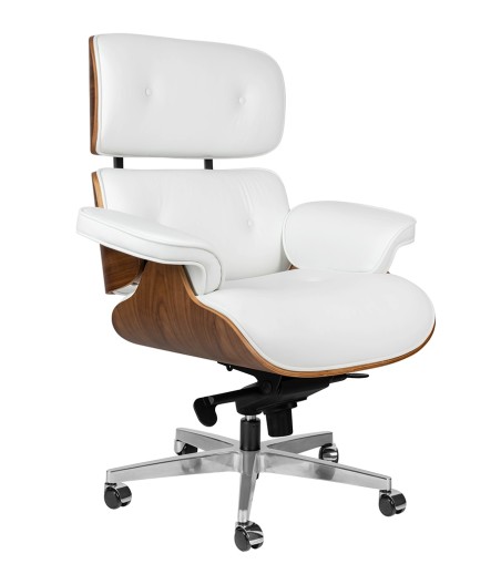 Fotel biurowy LOUNGE GUBERNATOR biały - sklejka orzech, skóra naturalna, stal polerowana
