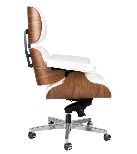 Fotel biurowy LOUNGE GUBERNATOR biały - sklejka orzech, skóra naturalna, stal polerowana