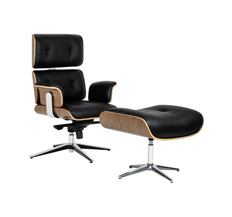 Fotel biurowy LOUNGE BUSINESS czarny z podnóżkiem - sklejka orzech, skóra naturalna, stal polerowana