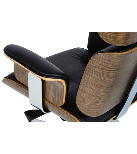 Fotel biurowy LOUNGE BUSINESS czarny z podnóżkiem - sklejka orzech, skóra naturalna, stal polerowana