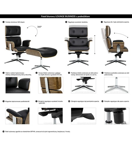 Fotel biurowy LOUNGE BUSINESS czarny z podnóżkiem - sklejka orzech, skóra naturalna, stal polerowana