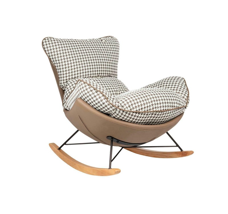 Fotel bujany OTILIA brązowa pepitka -  drewniane płozy, ekoskóra