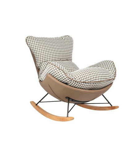 Fotel bujany OTILIA brązowa pepitka -  drewniane płozy, ekoskóra