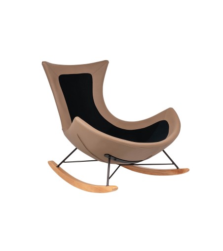 Fotel bujany OTILIA brązowa pepitka -  drewniane płozy, ekoskóra