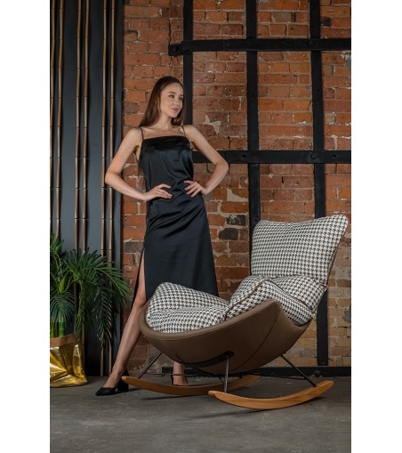 Fotel bujany OTILIA brązowa pepitka -  drewniane płozy, ekoskóra