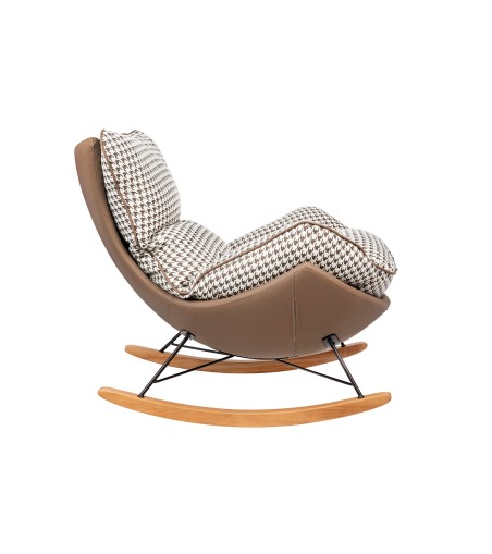 Fotel bujany OTILIA brązowa pepitka -  drewniane płozy, ekoskóra