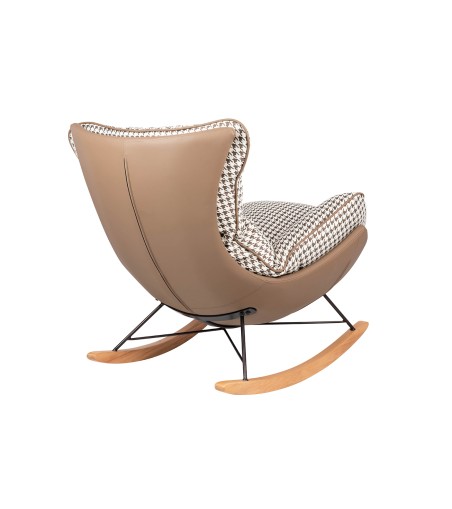 Fotel bujany OTILIA brązowa pepitka -  drewniane płozy, ekoskóra
