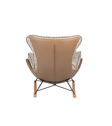 Fotel bujany OTILIA brązowa pepitka -  drewniane płozy, ekoskóra