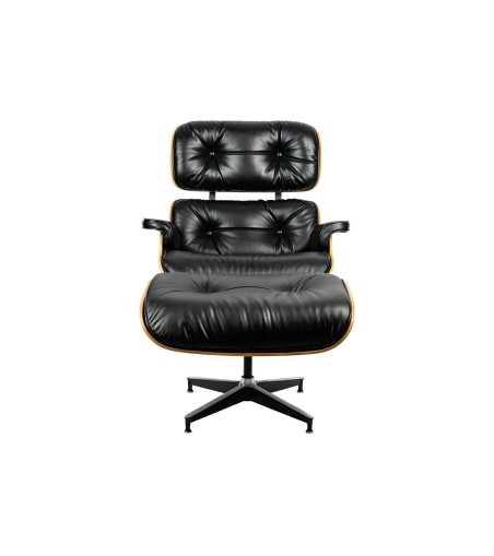 Fotel LOUNGE HM SOFT PREMIUM SZEROKI z podnóżkiem czarny  - sklejka orzech, skóra naturalna