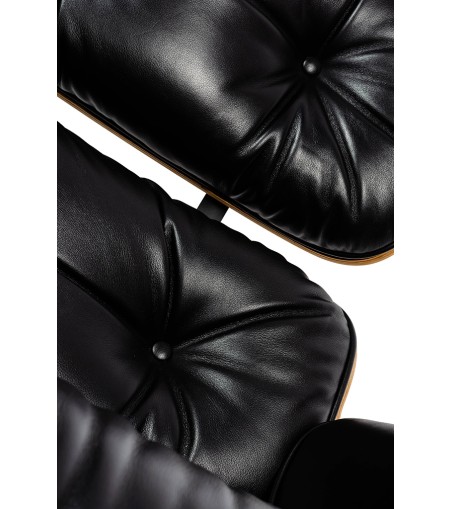 Fotel LOUNGE HM SOFT PREMIUM SZEROKI z podnóżkiem czarny  - sklejka orzech, skóra naturalna