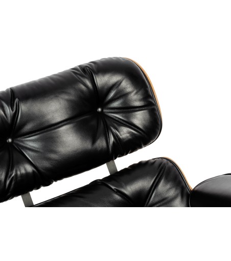 Fotel LOUNGE HM SOFT PREMIUM SZEROKI z podnóżkiem czarny  - sklejka orzech, skóra naturalna