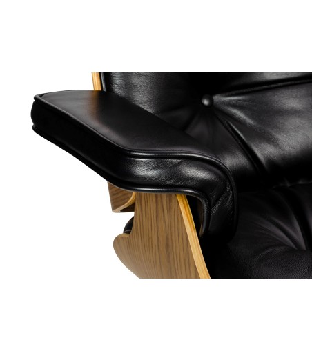 Fotel LOUNGE HM SOFT PREMIUM SZEROKI z podnóżkiem czarny  - sklejka orzech, skóra naturalna