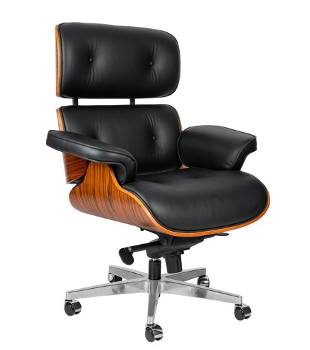 Fotel biurowy LOUNGE GUBERNATOR czarny - sklejka różana, skóra naturalna, stal polerowana