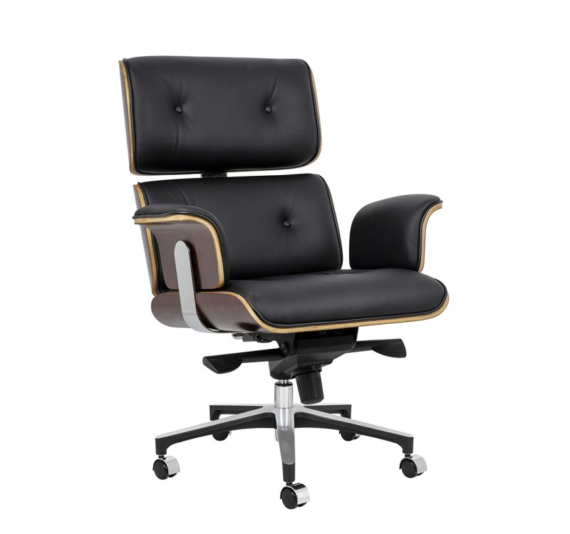 Fotel biurowy LOUNGE BUSINESS czarny - sklejka różana, skóra naturalna, stal polerowana