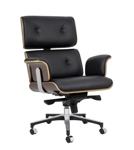 Fotel biurowy LOUNGE BUSINESS czarny - sklejka różana, skóra naturalna, stal polerowana