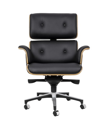 Fotel biurowy LOUNGE BUSINESS czarny - sklejka różana, skóra naturalna, stal polerowana