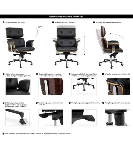 Fotel biurowy LOUNGE BUSINESS czarny - sklejka różana, skóra naturalna, stal polerowana