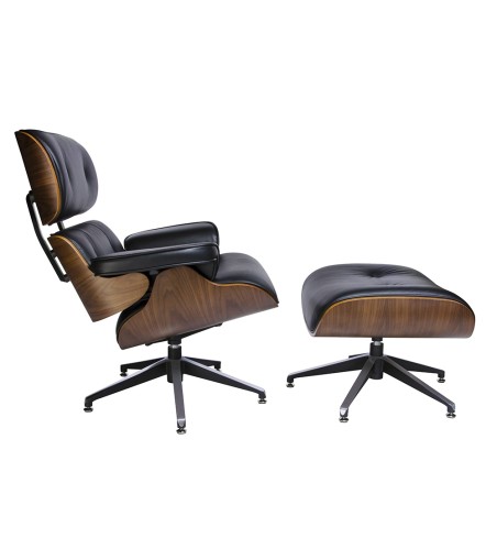 Fotel LOUNGE czarny / orzech z podnóżkiem