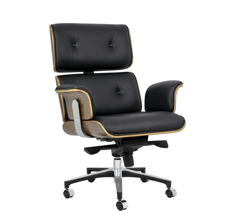 Fotel biurowy LOUNGE BUSINESS czarny - sklejka orzech, skóra naturalna, stal polerowana