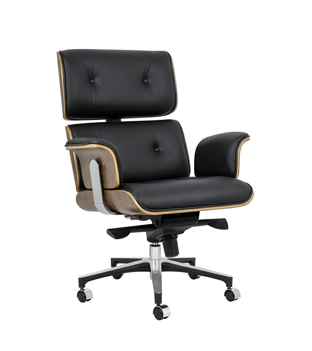 Fotel biurowy LOUNGE BUSINESS czarny - sklejka orzech, skóra naturalna, stal polerowana