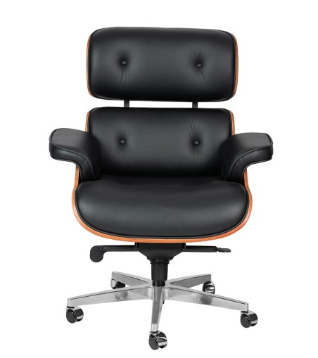 Fotel biurowy LOUNGE GUBERNATOR czarny - sklejka orzech, skóra naturalna, stal polerowana