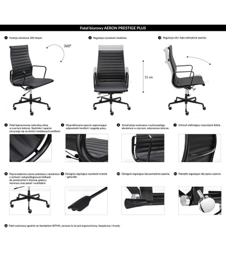 Fotel biurowy AERON PRESTIGE PLUS czarny - skóra naturalna, aluminium