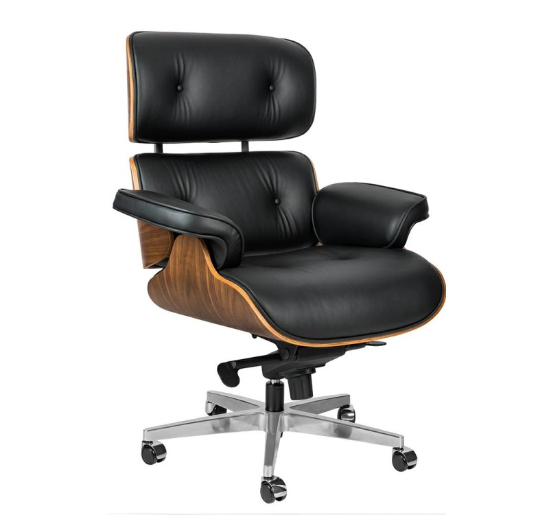 Fotel biurowy LOUNGE GUBERNATOR BIG XL czarny - sklejka orzech, skóra naturalna, stal polerowana