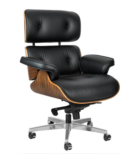 Fotel biurowy LOUNGE GUBERNATOR BIG XL czarny - sklejka orzech, skóra naturalna, stal polerowana