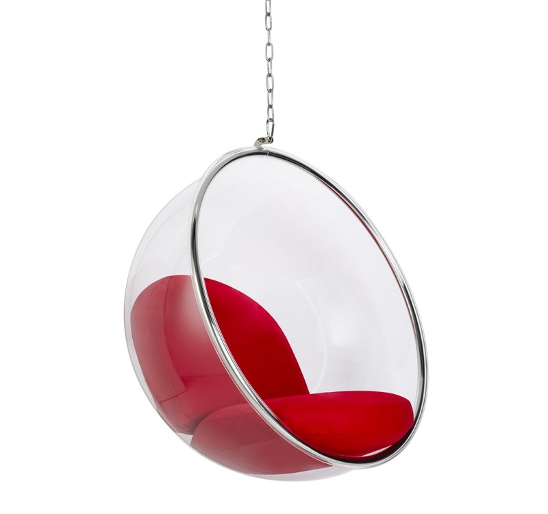 Fotel wiszący BUBBLE poduszka czerwona - korpus akryl, poduszka wełna