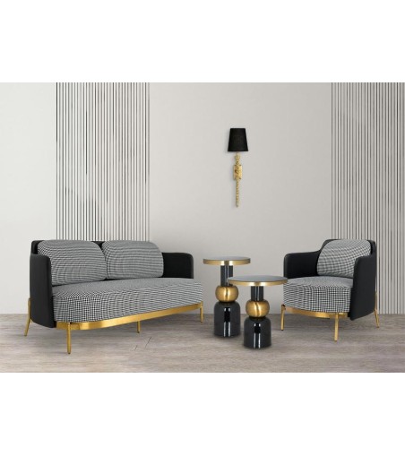 Sofa VENICE tkanina pepitka biało-czarna ekoskóra - złota podstawa