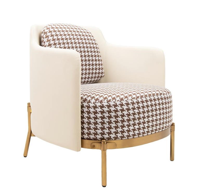 Fotel VENICE tkanina pepitka              biało-brązowa - złota podstawa, beżowa ekoskóra