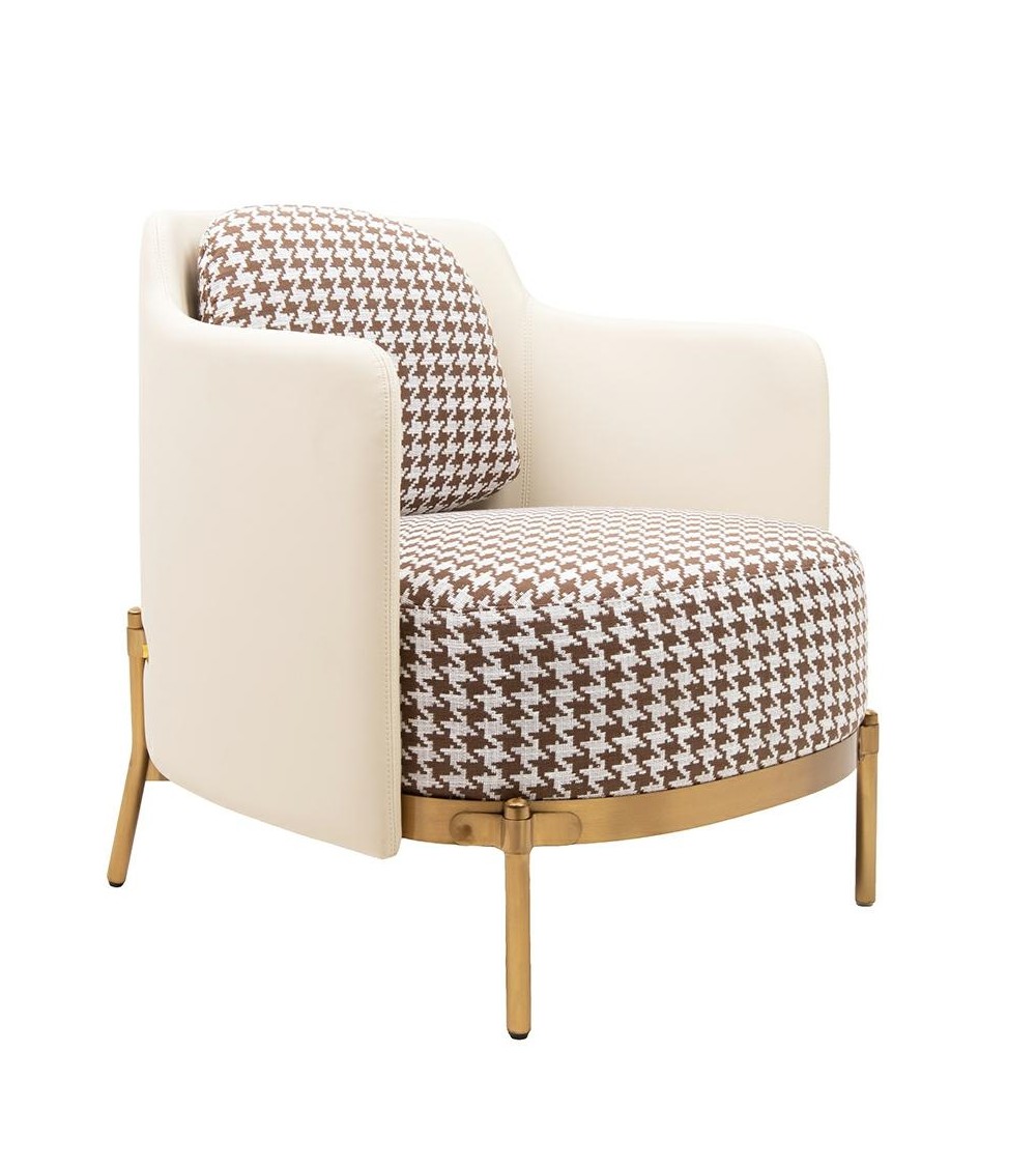 Fotel VENICE tkanina pepitka              biało-brązowa - złota podstawa, beżowa ekoskóra