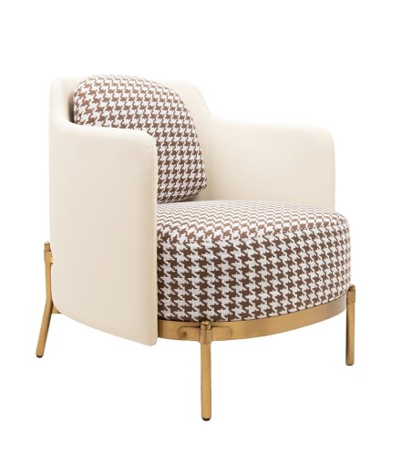 Fotel VENICE tkanina pepitka              biało-brązowa - złota podstawa, beżowa ekoskóra