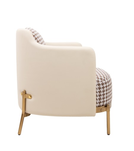 Fotel VENICE tkanina pepitka              biało-brązowa - złota podstawa, beżowa ekoskóra